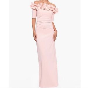 XscapeRuffle Off-the-Shoulder Short Elbow Sleeve Column Back Slit Ruched Crepe G